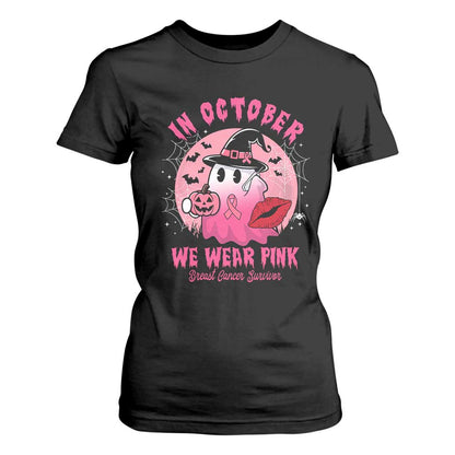 Pink Ribbon Halloween Breast Cancer Support T Shirt For Women Survivor Ghost Pumpkin October
