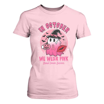 Pink Ribbon Halloween Breast Cancer Support T Shirt For Women Survivor Ghost Pumpkin October