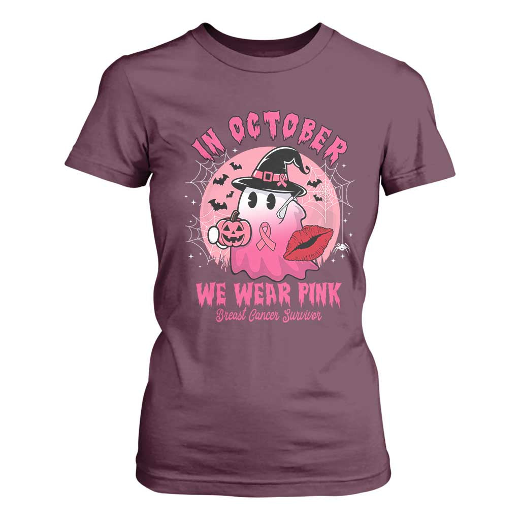 Pink Ribbon Halloween Breast Cancer Support T Shirt For Women Survivor Ghost Pumpkin October