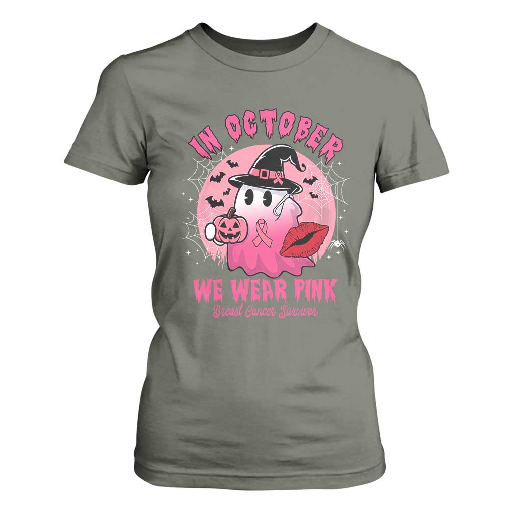 Pink Ribbon Halloween Breast Cancer Support T Shirt For Women Survivor Ghost Pumpkin October