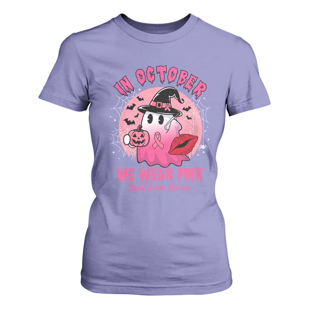 Pink Ribbon Halloween Breast Cancer Support T Shirt For Women Survivor Ghost Pumpkin October