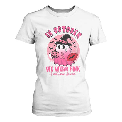 Pink Ribbon Halloween Breast Cancer Support T Shirt For Women Survivor Ghost Pumpkin October