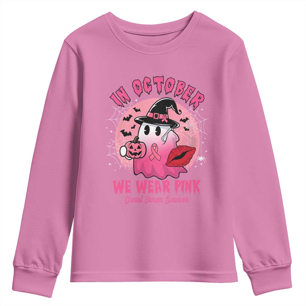 Pink Ribbon Halloween Breast Cancer Support Youth Sweatshirt Survivor Ghost Pumpkin October