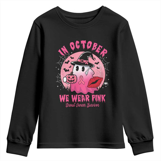 Pink Ribbon Halloween Breast Cancer Support Youth Sweatshirt Survivor Ghost Pumpkin October