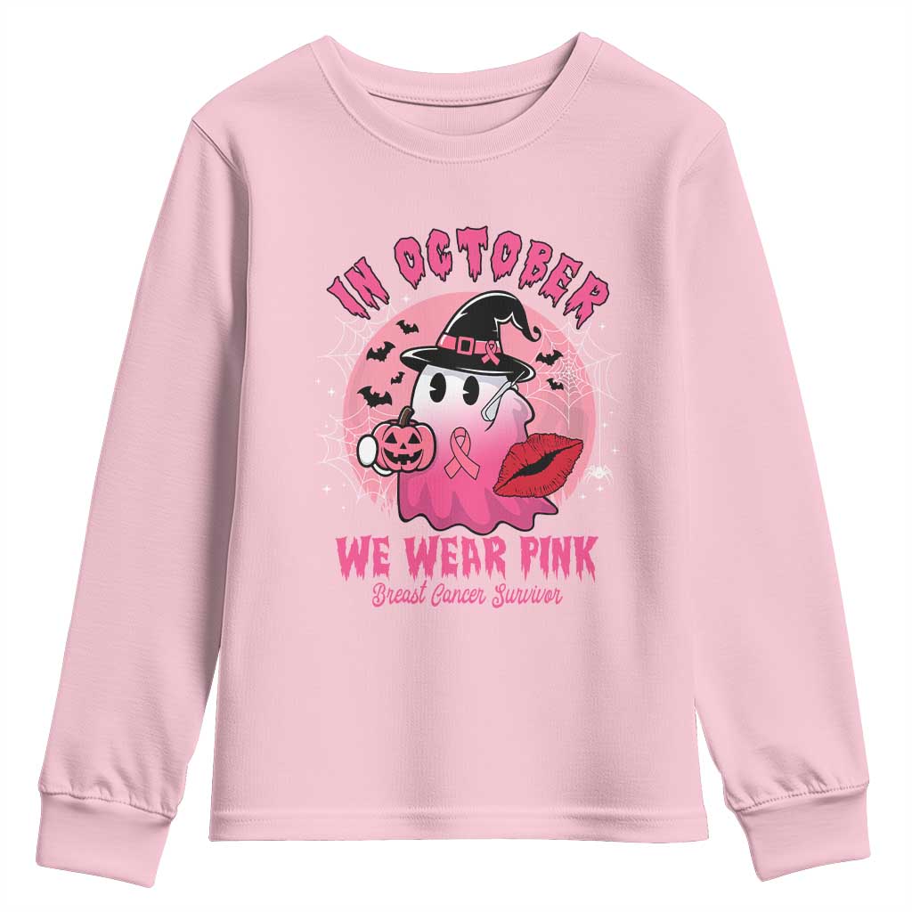 Pink Ribbon Halloween Breast Cancer Support Youth Sweatshirt Survivor Ghost Pumpkin October