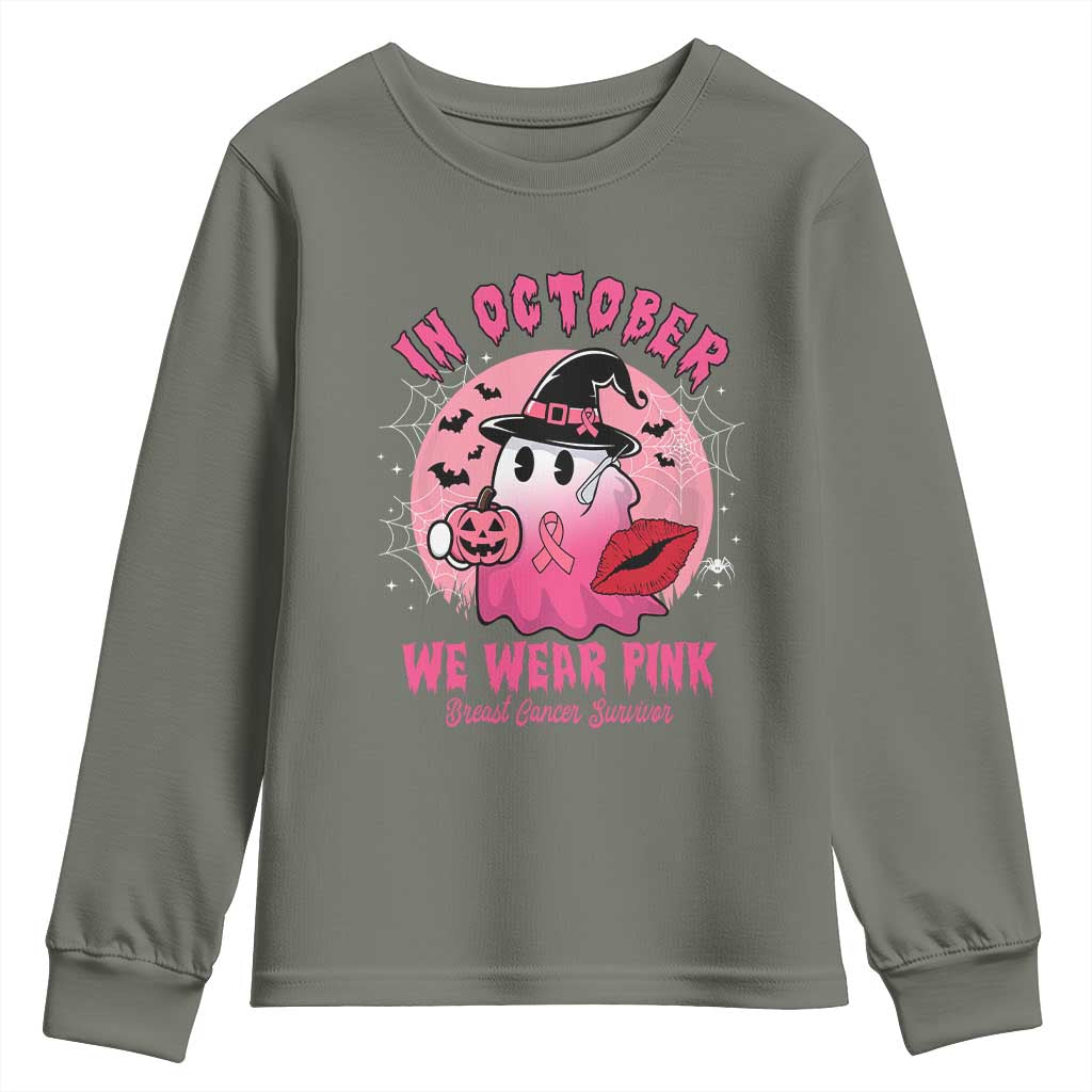 Pink Ribbon Halloween Breast Cancer Support Youth Sweatshirt Survivor Ghost Pumpkin October