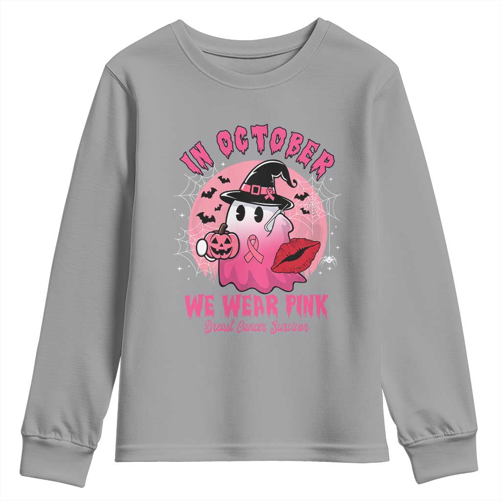 Pink Ribbon Halloween Breast Cancer Support Youth Sweatshirt Survivor Ghost Pumpkin October