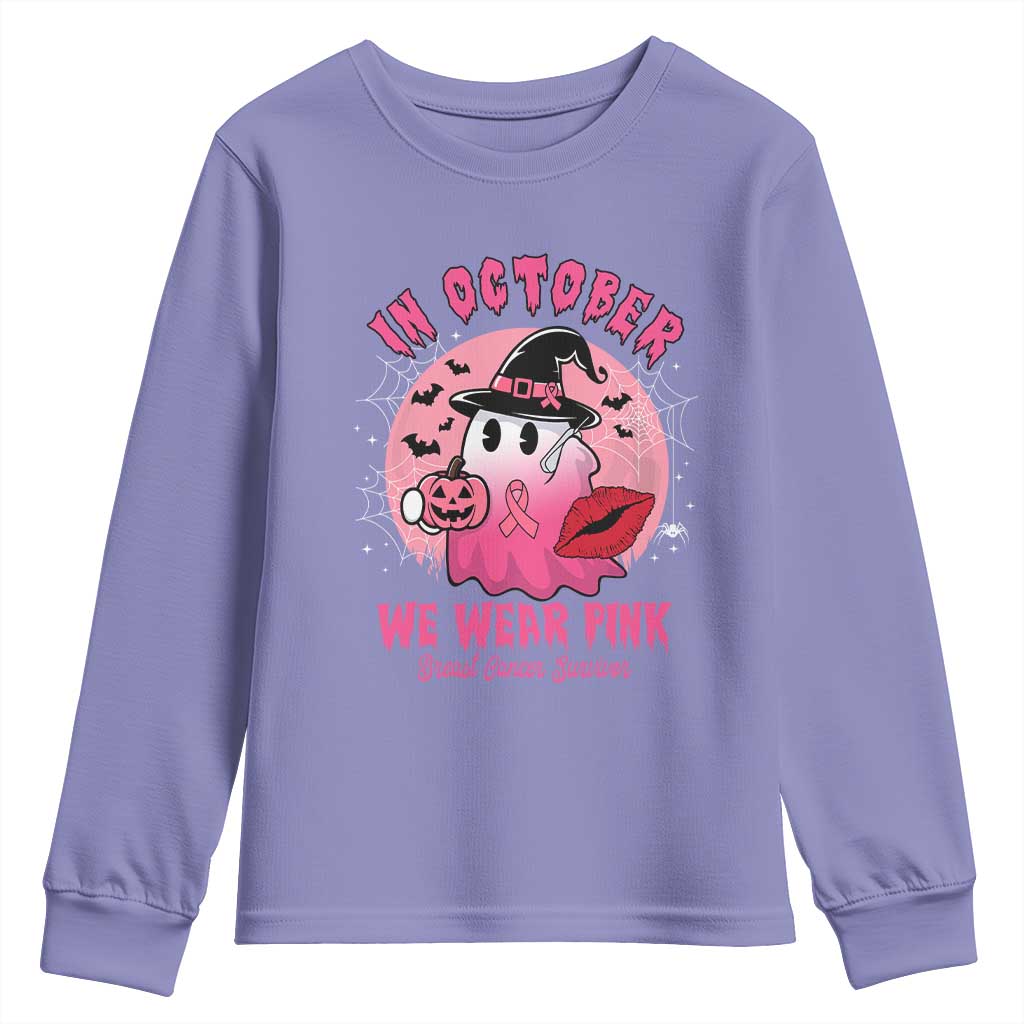 Pink Ribbon Halloween Breast Cancer Support Youth Sweatshirt Survivor Ghost Pumpkin October