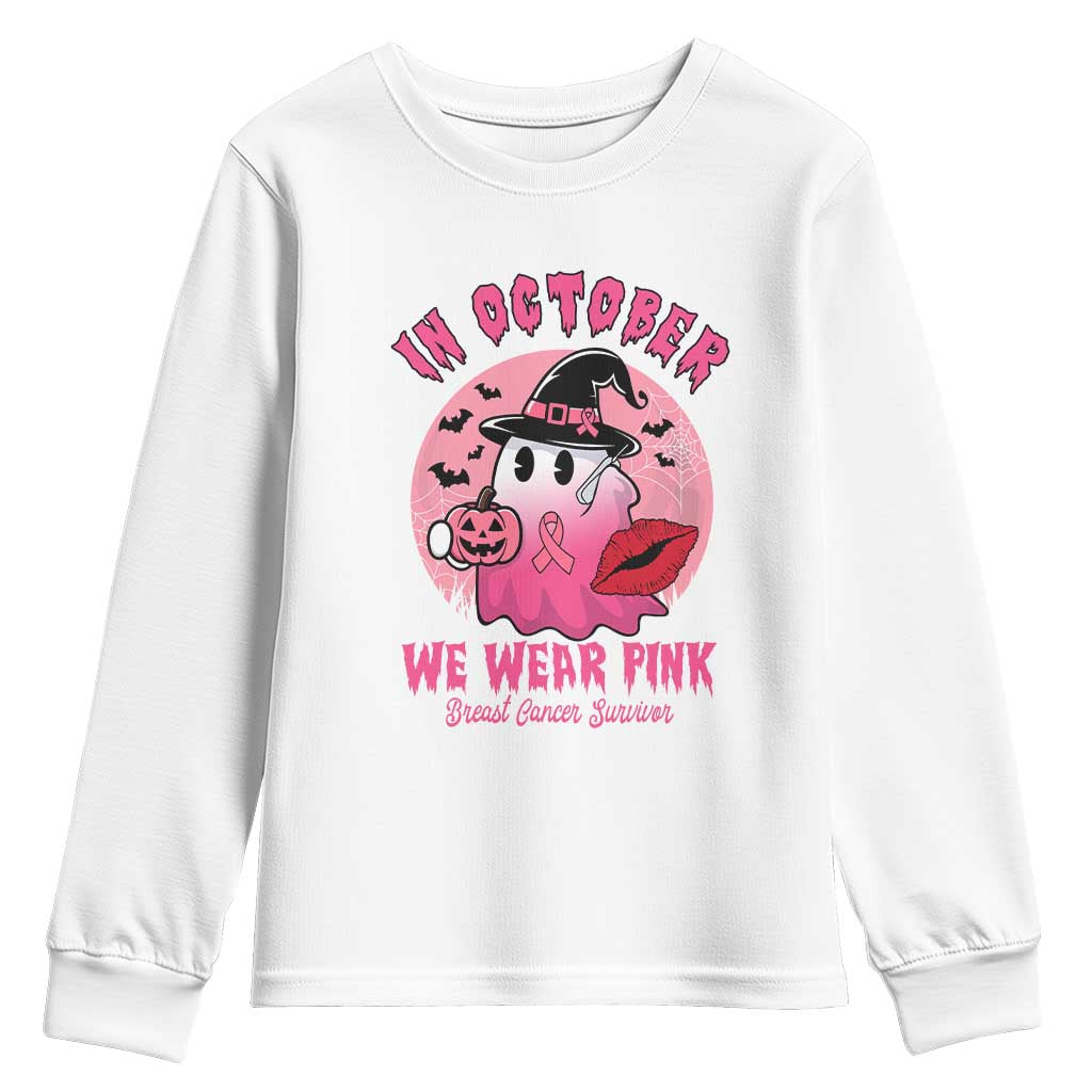 Pink Ribbon Halloween Breast Cancer Support Youth Sweatshirt Survivor Ghost Pumpkin October