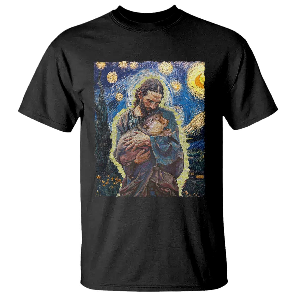 funny-moo-deng-baby-pygmy-hippo-t-shirt-cute-zoo-for-family-jesus-loves-moo-deng-van-gogh-starry-night