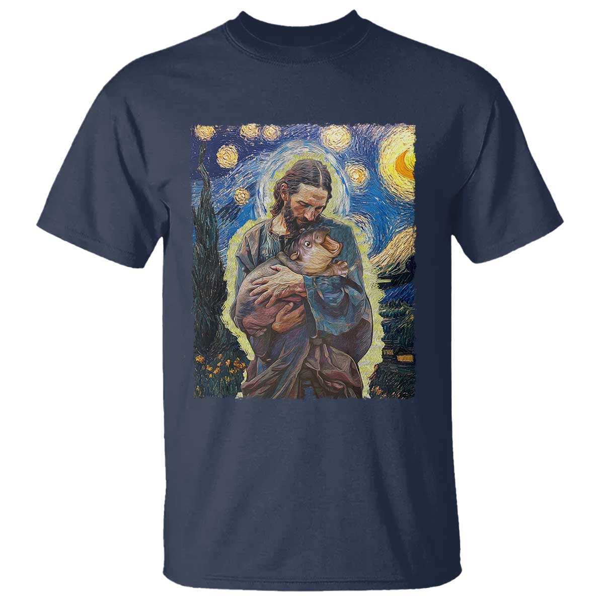 funny-moo-deng-baby-pygmy-hippo-t-shirt-cute-zoo-for-family-jesus-loves-moo-deng-van-gogh-starry-night