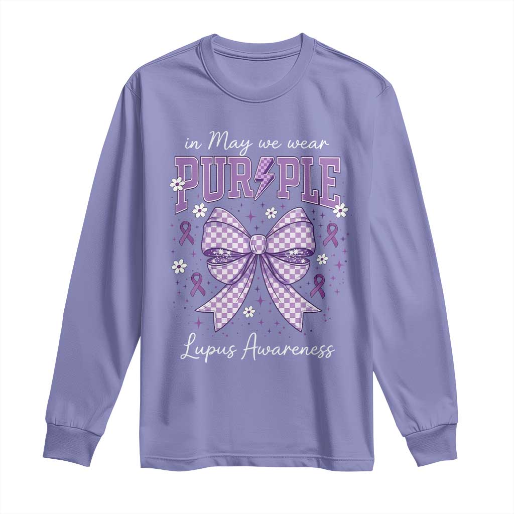 In May We Wear Purple Lupus Support Long Sleeve Shirt Purple Ribbon Coquette Bow