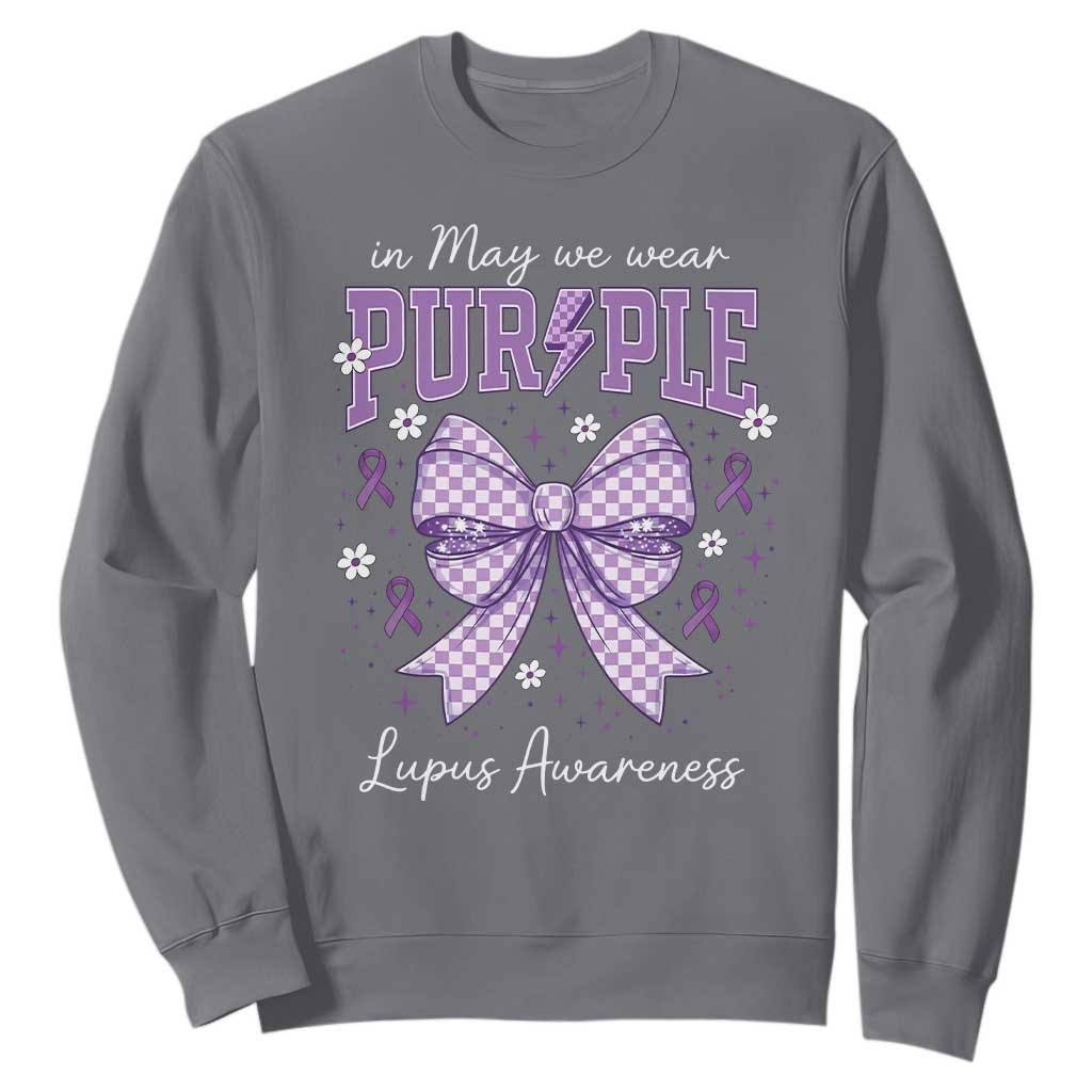 In May We Wear Purple Lupus Support Sweatshirt Purple Ribbon Coquette Bow