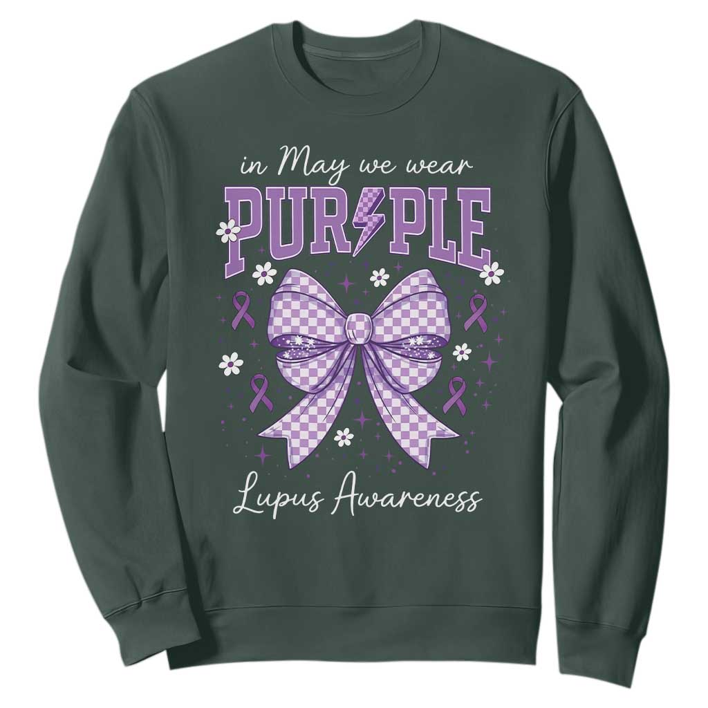 In May We Wear Purple Lupus Support Sweatshirt Purple Ribbon Coquette Bow