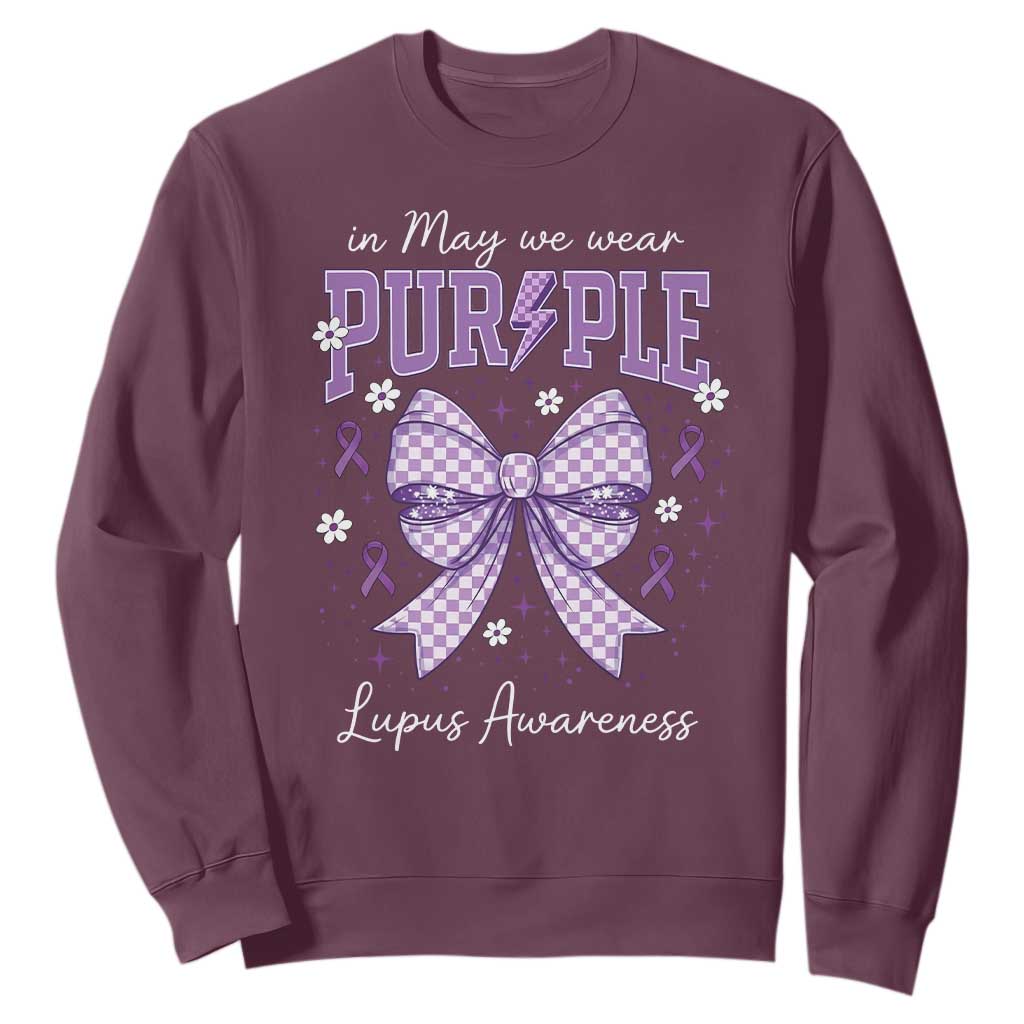 In May We Wear Purple Lupus Support Sweatshirt Purple Ribbon Coquette Bow