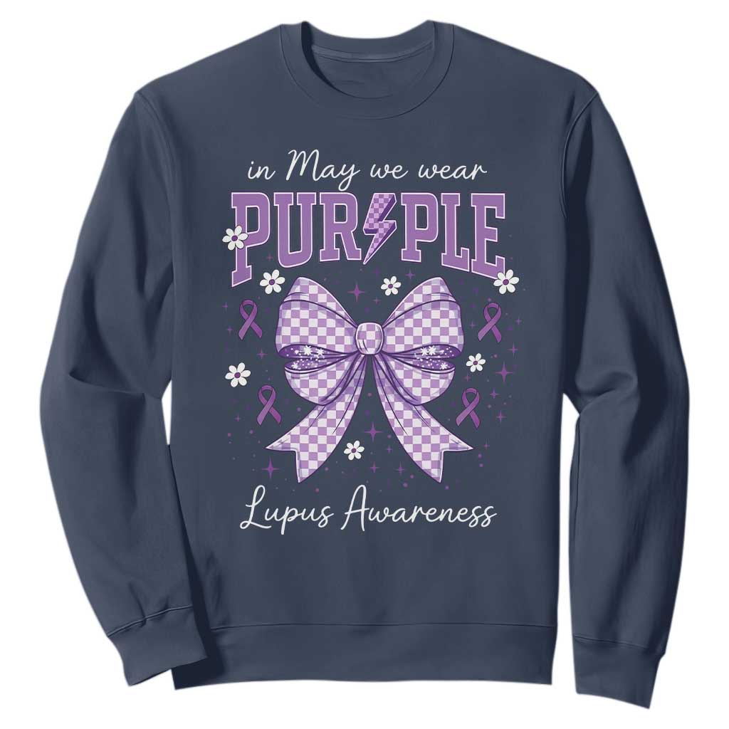In May We Wear Purple Lupus Support Sweatshirt Purple Ribbon Coquette Bow