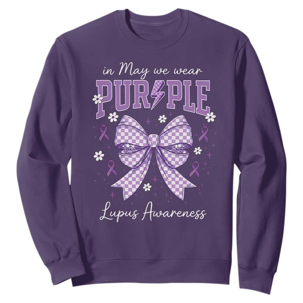 In May We Wear Purple Lupus Support Sweatshirt Purple Ribbon Coquette Bow