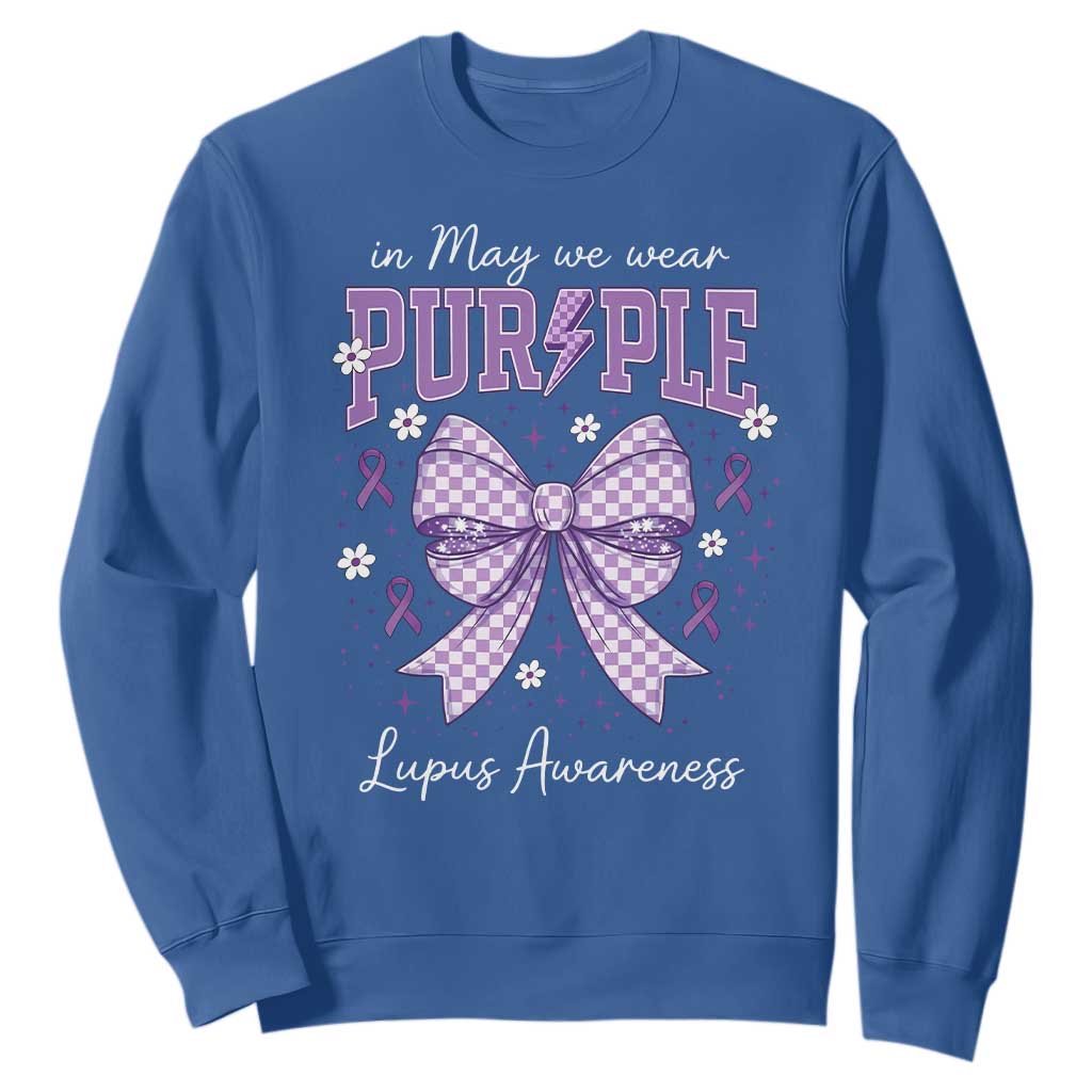In May We Wear Purple Lupus Support Sweatshirt Purple Ribbon Coquette Bow