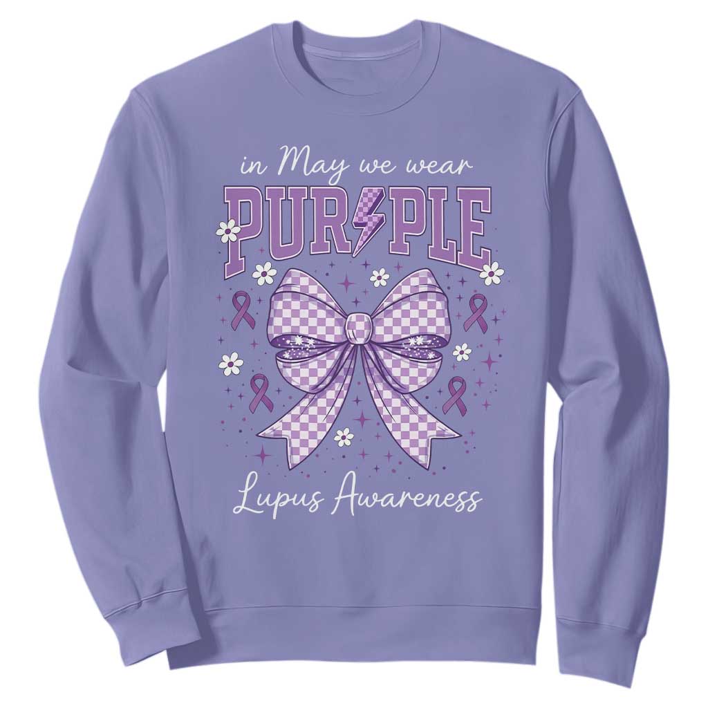 In May We Wear Purple Lupus Support Sweatshirt Purple Ribbon Coquette Bow