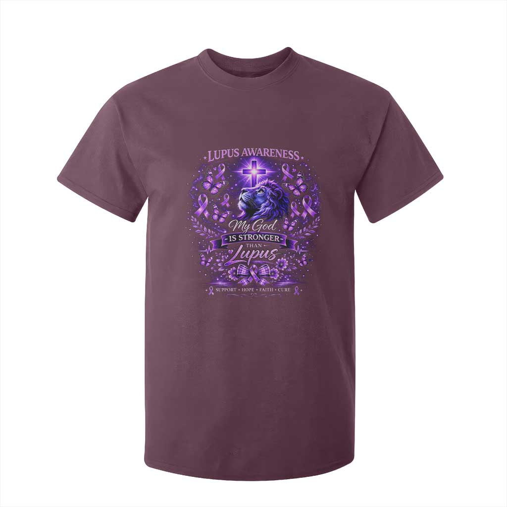 Lupus Support T Shirt For Kid Lion Purple Ribbon My God Is Stronger Than Lupus