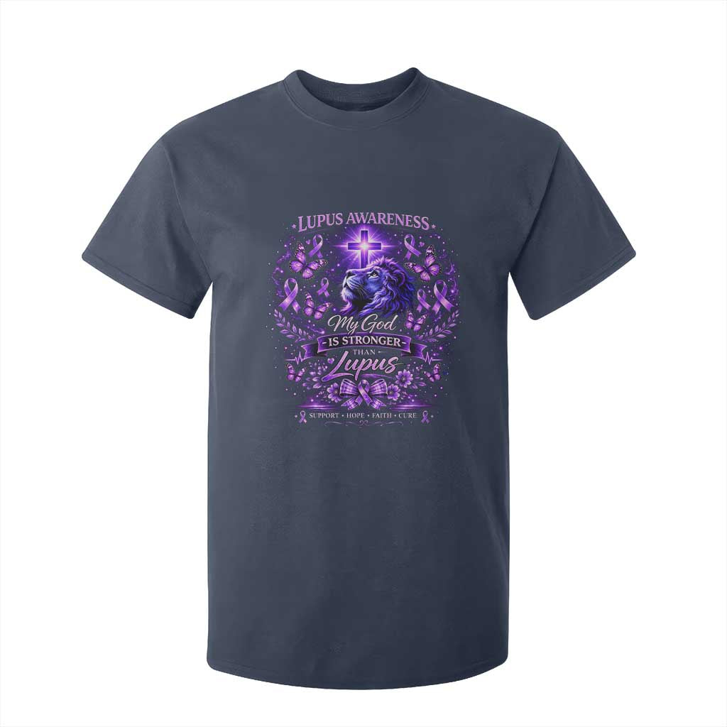 Lupus Support T Shirt For Kid Lion Purple Ribbon My God Is Stronger Than Lupus