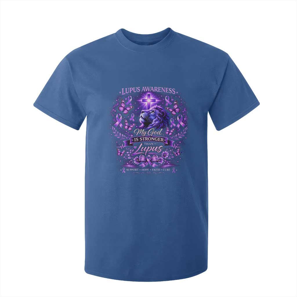 Lupus Support T Shirt For Kid Lion Purple Ribbon My God Is Stronger Than Lupus