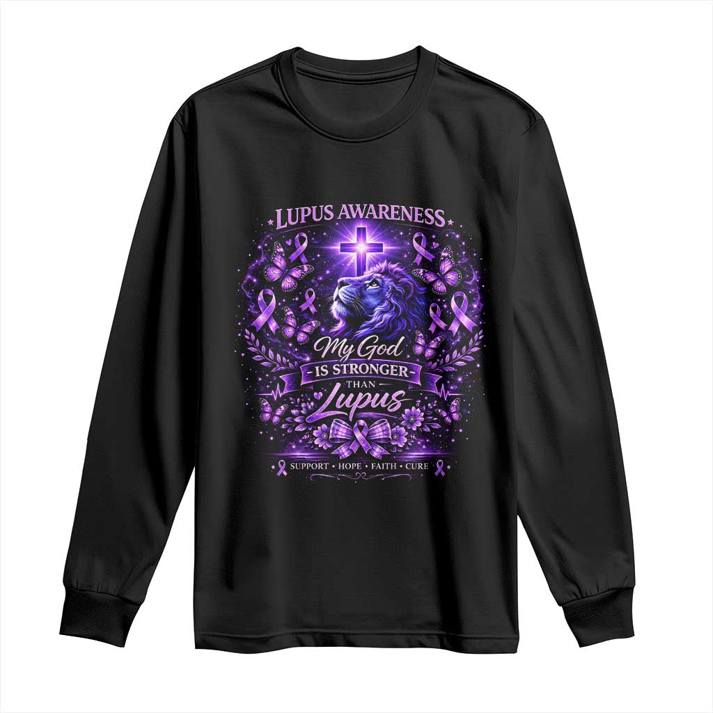 Lupus Support Long Sleeve Shirt Lion Purple Ribbon My God Is Stronger Than Lupus