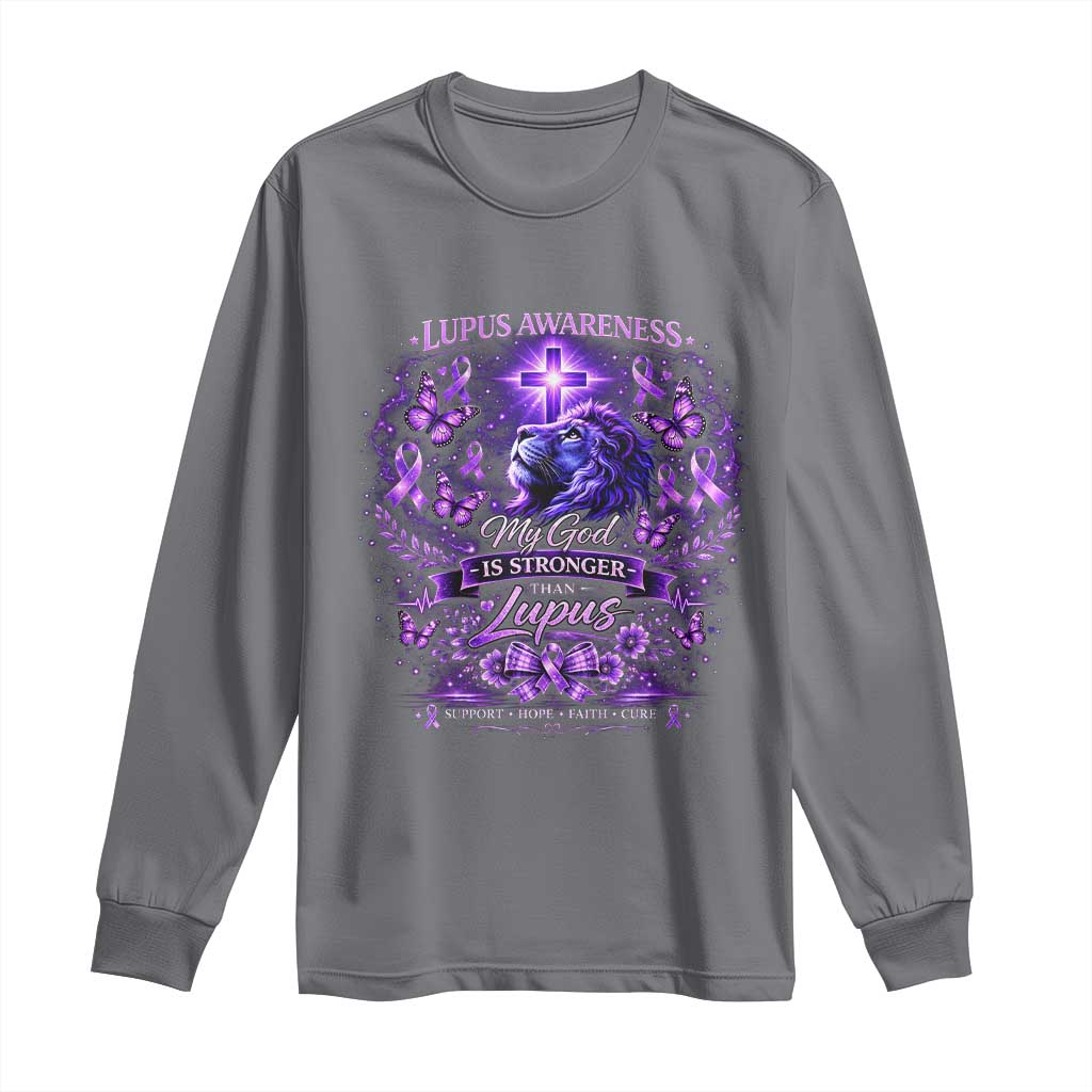 Lupus Support Long Sleeve Shirt Lion Purple Ribbon My God Is Stronger Than Lupus