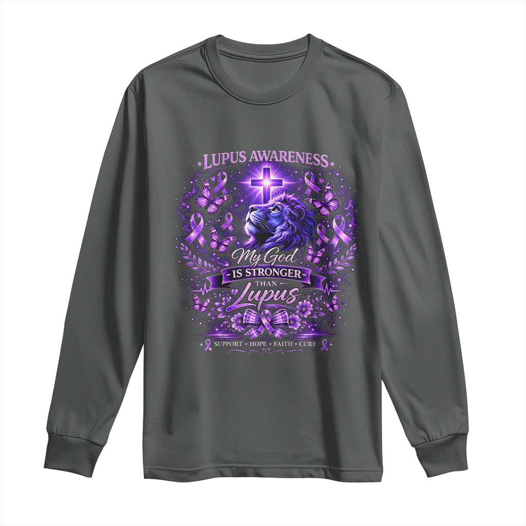 Lupus Support Long Sleeve Shirt Lion Purple Ribbon My God Is Stronger Than Lupus