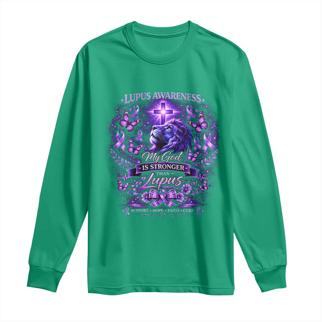 Lupus Support Long Sleeve Shirt Lion Purple Ribbon My God Is Stronger Than Lupus