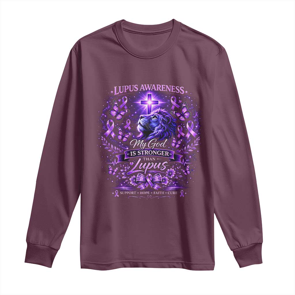 Lupus Support Long Sleeve Shirt Lion Purple Ribbon My God Is Stronger Than Lupus