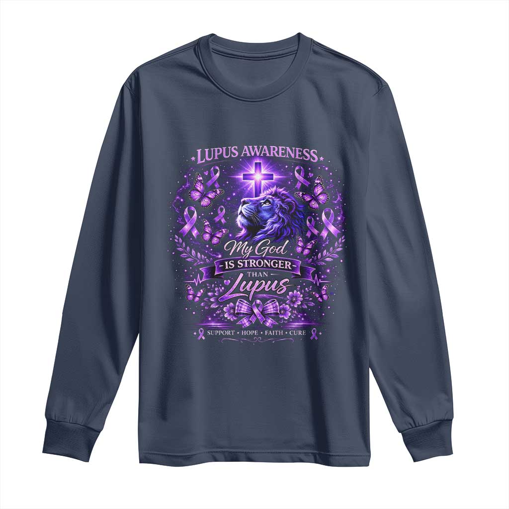 Lupus Support Long Sleeve Shirt Lion Purple Ribbon My God Is Stronger Than Lupus