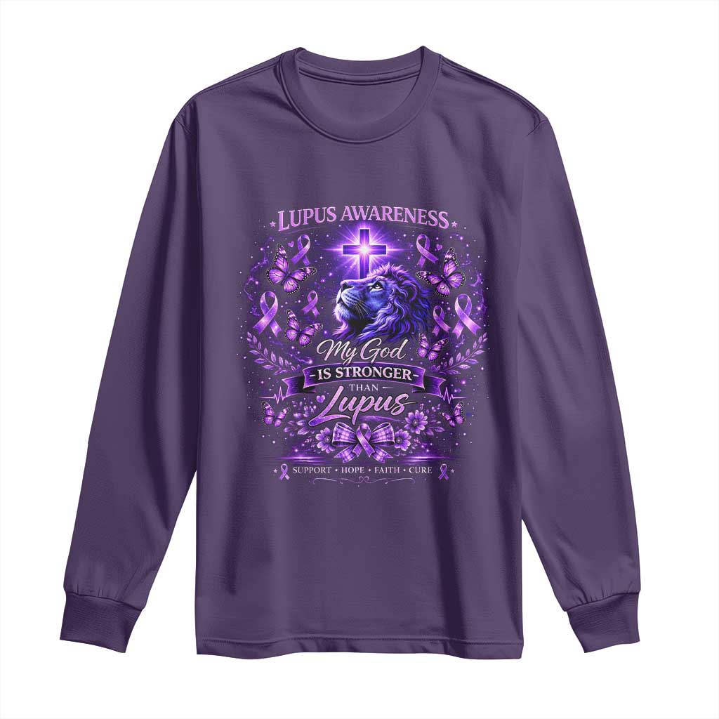 Lupus Support Long Sleeve Shirt Lion Purple Ribbon My God Is Stronger Than Lupus