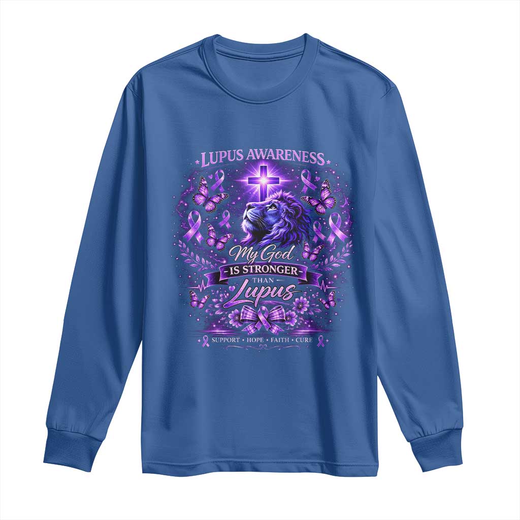 Lupus Support Long Sleeve Shirt Lion Purple Ribbon My God Is Stronger Than Lupus