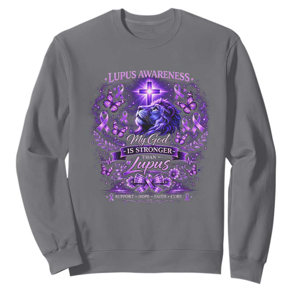Lupus Support Sweatshirt Lion Purple Ribbon My God Is Stronger Than Lupus