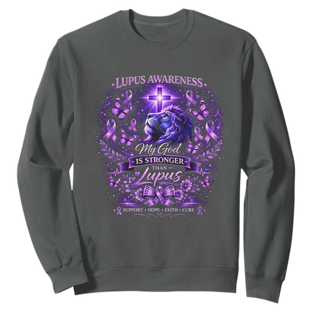 Lupus Support Sweatshirt Lion Purple Ribbon My God Is Stronger Than Lupus