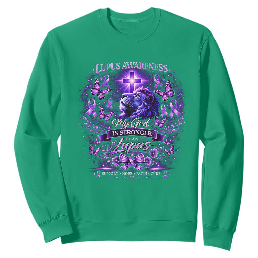Lupus Support Sweatshirt Lion Purple Ribbon My God Is Stronger Than Lupus
