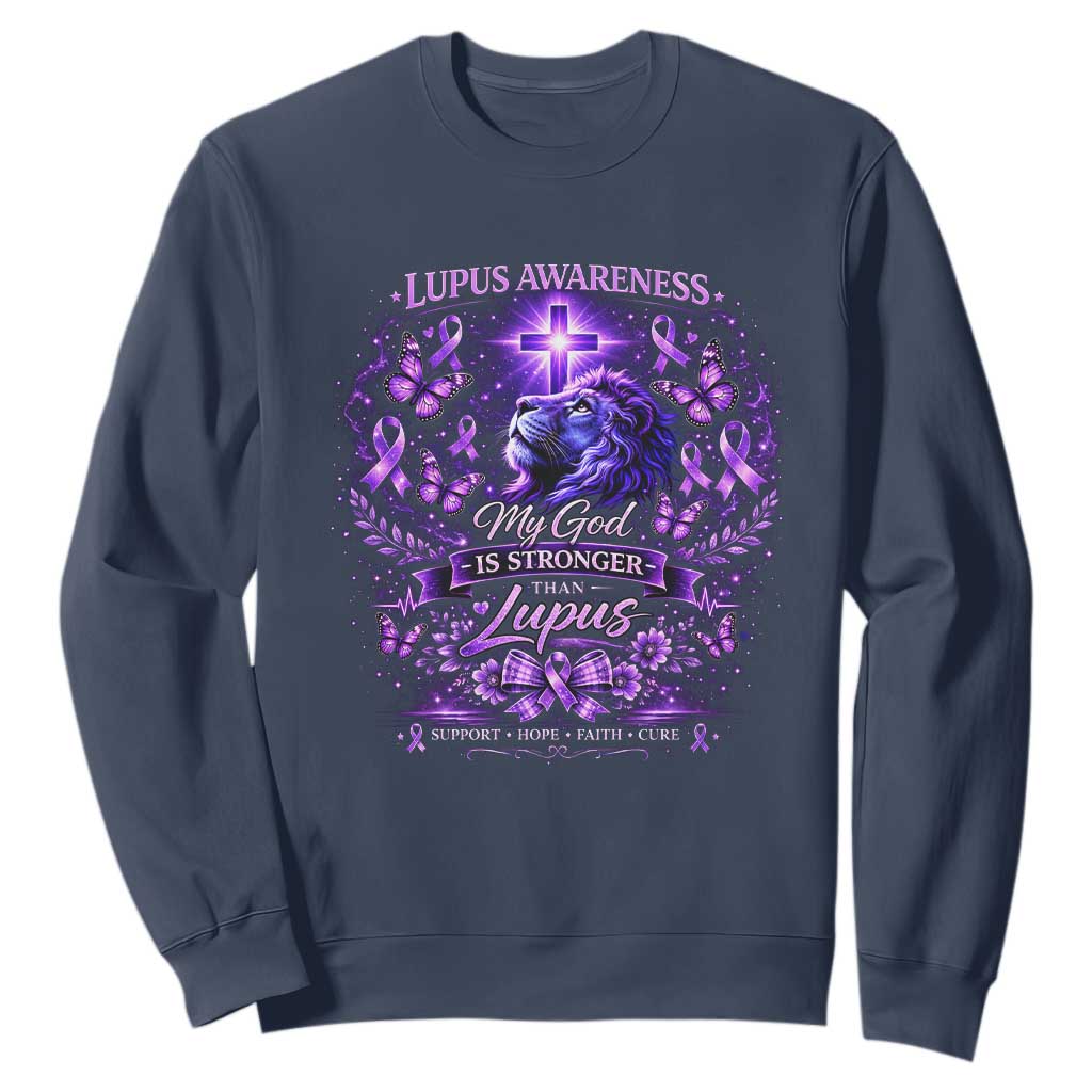 Lupus Support Sweatshirt Lion Purple Ribbon My God Is Stronger Than Lupus