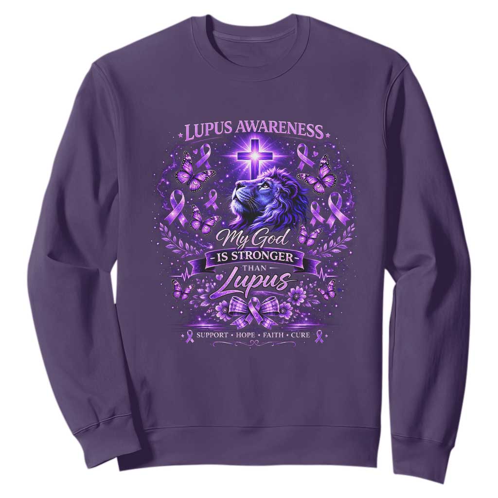 Lupus Support Sweatshirt Lion Purple Ribbon My God Is Stronger Than Lupus