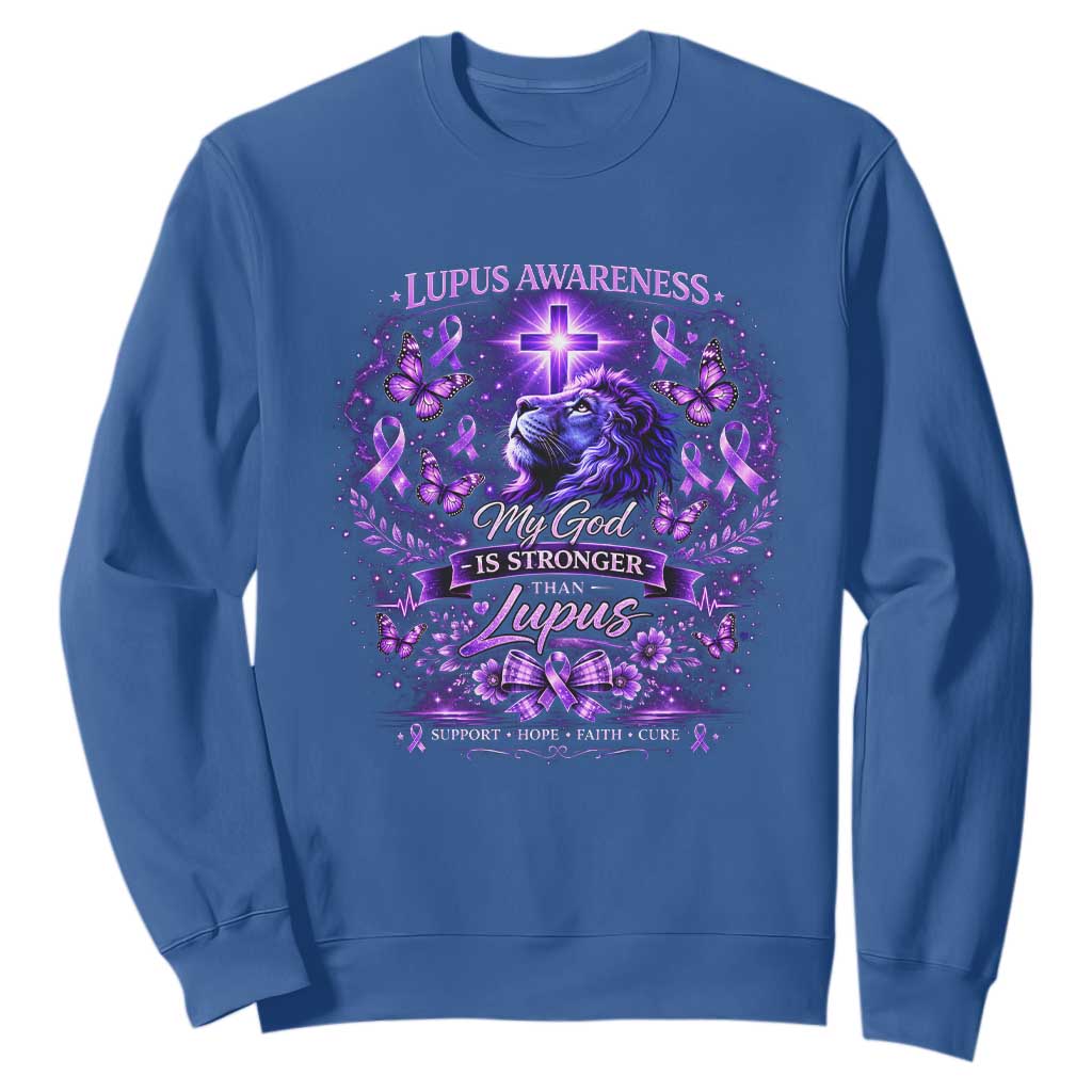 Lupus Support Sweatshirt Lion Purple Ribbon My God Is Stronger Than Lupus