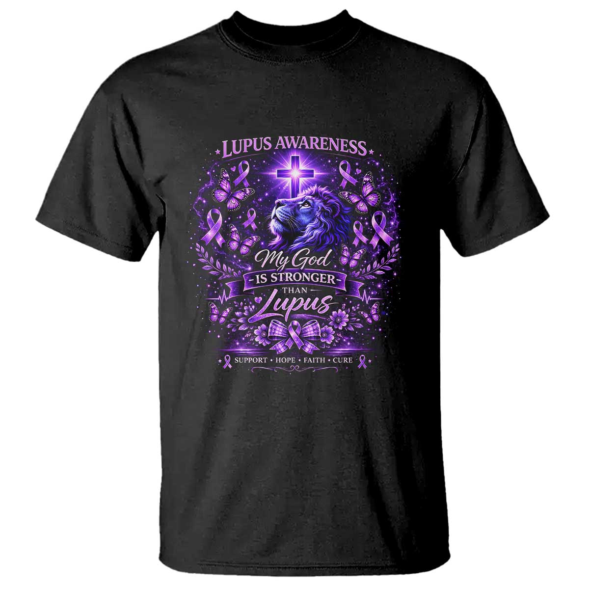 Lupus Support T Shirt Lion Purple Ribbon My God Is Stronger Than Lupus