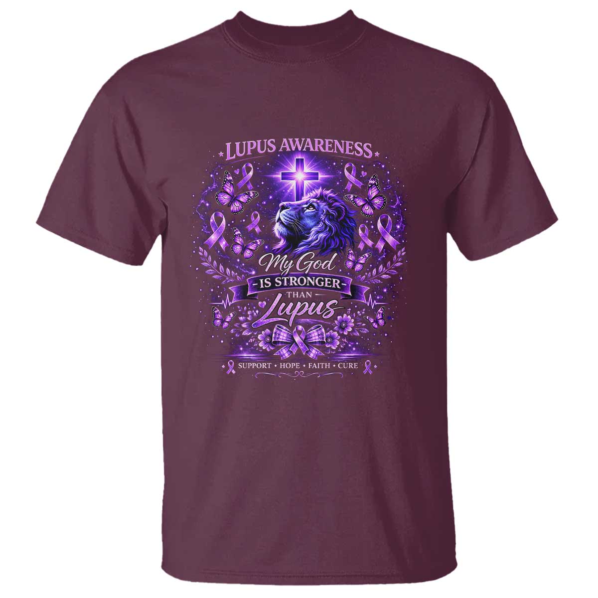 Lupus Support T Shirt Lion Purple Ribbon My God Is Stronger Than Lupus