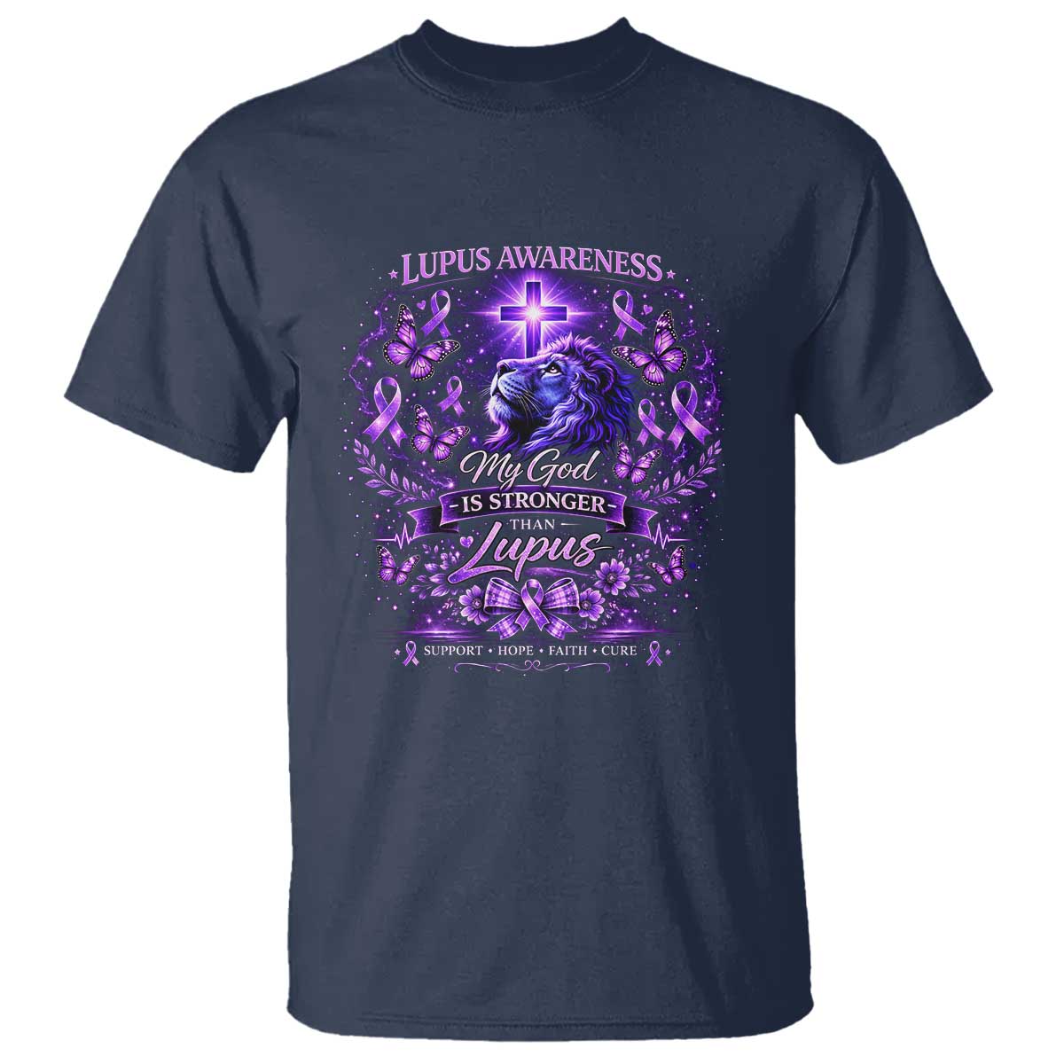 Lupus Support T Shirt Lion Purple Ribbon My God Is Stronger Than Lupus
