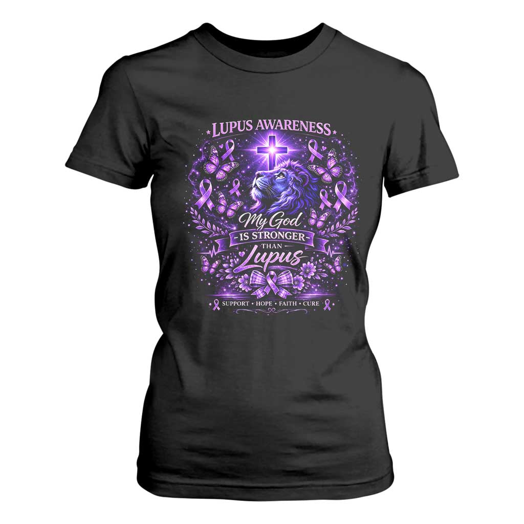 Lupus Support T Shirt For Women Lion Purple Ribbon My God Is Stronger Than Lupus