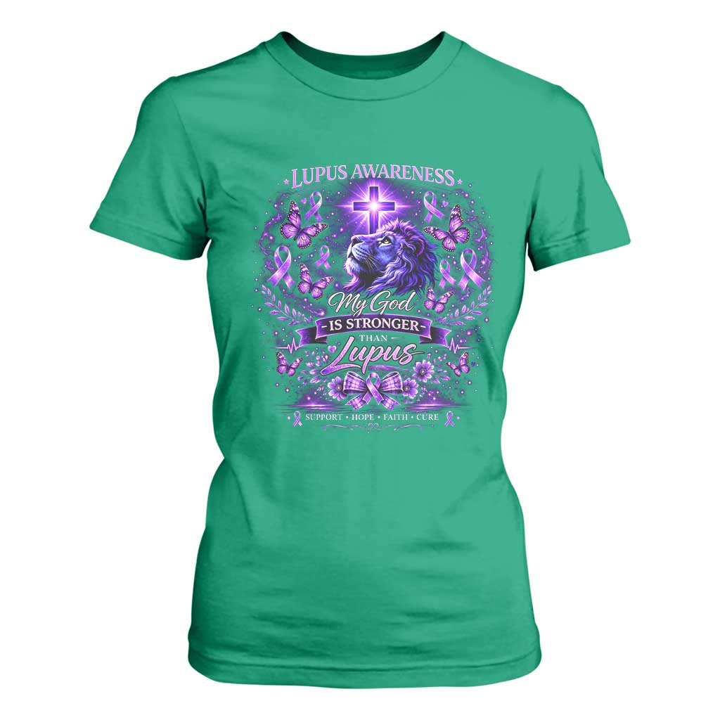 Lupus Support T Shirt For Women Lion Purple Ribbon My God Is Stronger Than Lupus