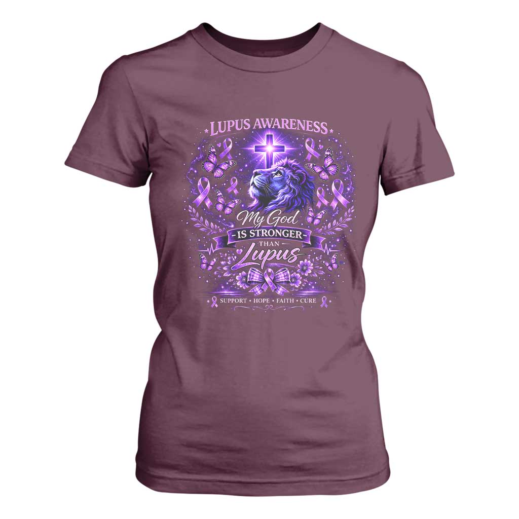 Lupus Support T Shirt For Women Lion Purple Ribbon My God Is Stronger Than Lupus