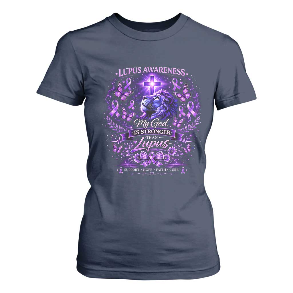 Lupus Support T Shirt For Women Lion Purple Ribbon My God Is Stronger Than Lupus
