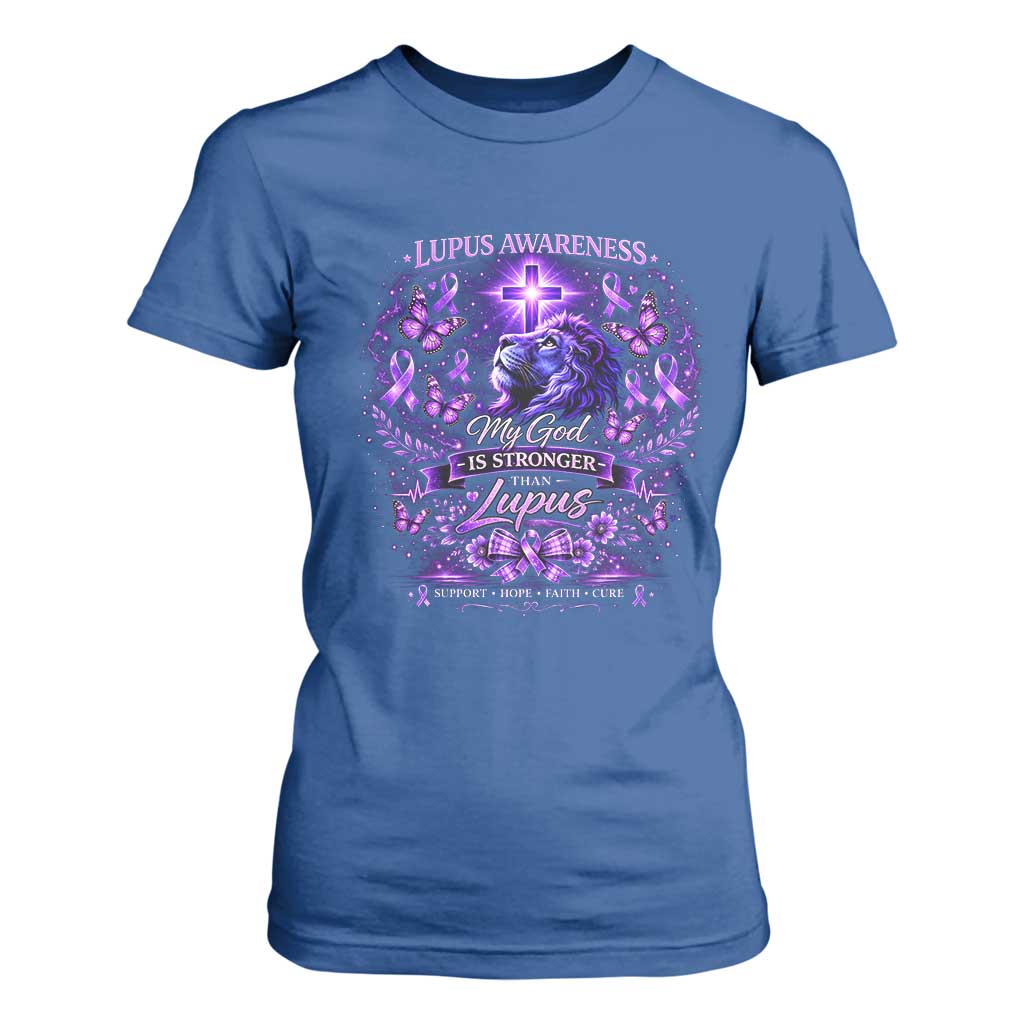 Lupus Support T Shirt For Women Lion Purple Ribbon My God Is Stronger Than Lupus