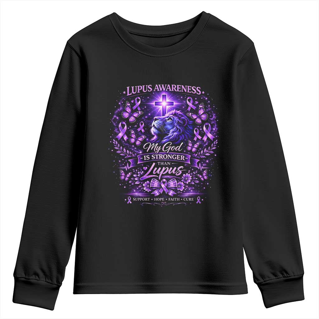 Lupus Support Youth Sweatshirt Lion Purple Ribbon My God Is Stronger Than Lupus