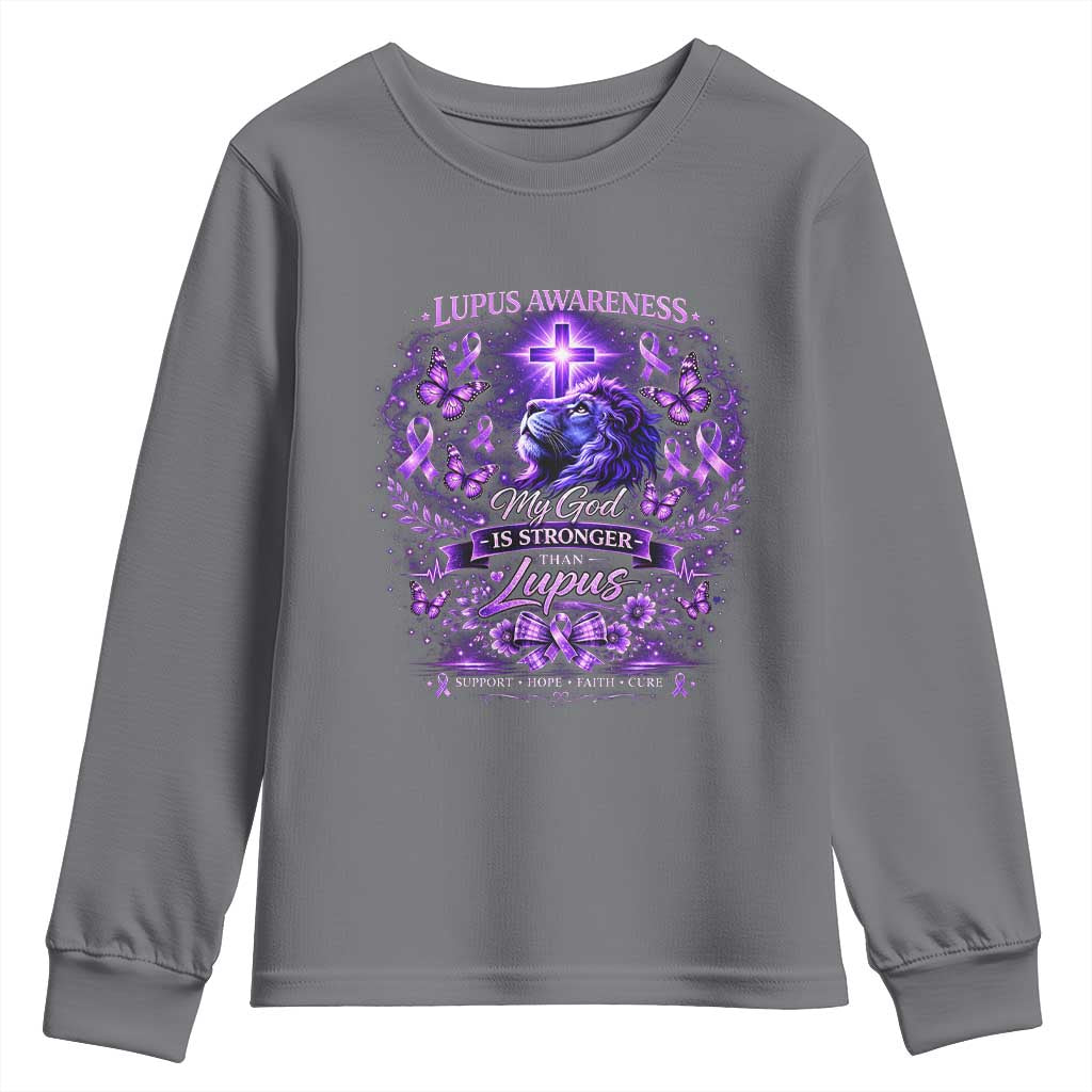 Lupus Support Youth Sweatshirt Lion Purple Ribbon My God Is Stronger Than Lupus